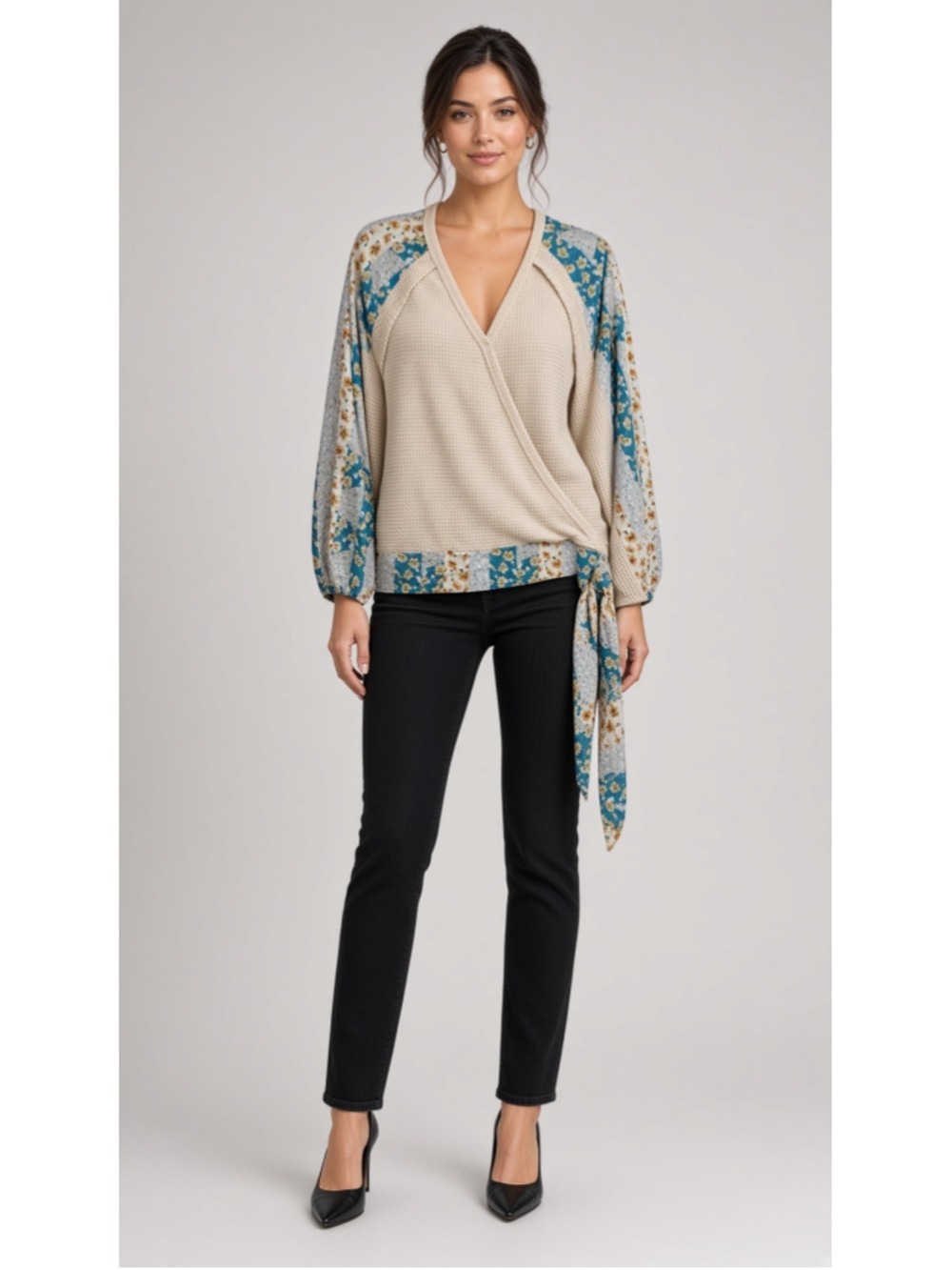 Floral Patchwork Waffle Knit Wrap Tie V-Neck Blouse Top Size X-Large XL 2X - Picture 14 of 14